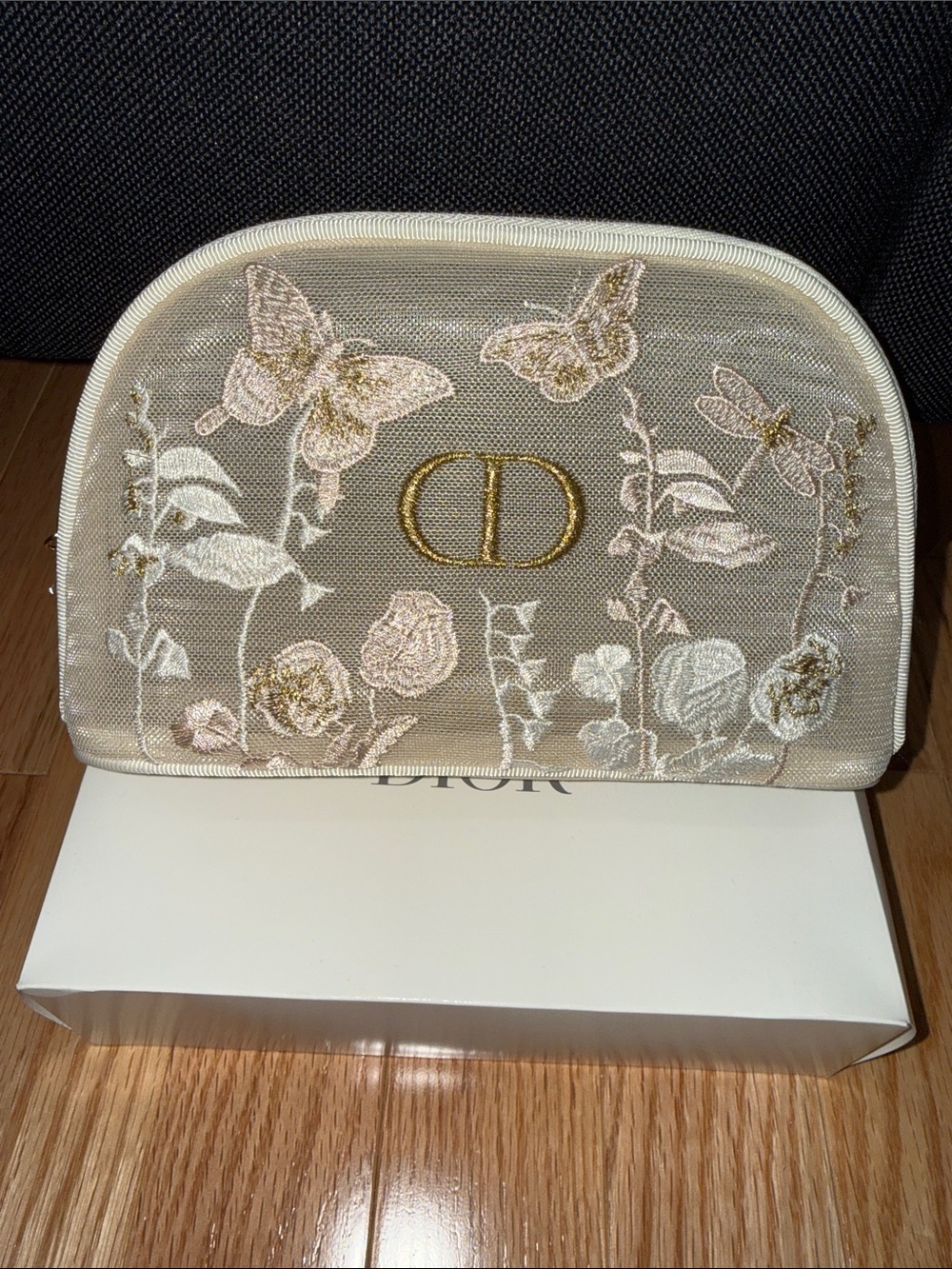 Dior limited edition mesh embroidered floral top zip makeup bag case NIB